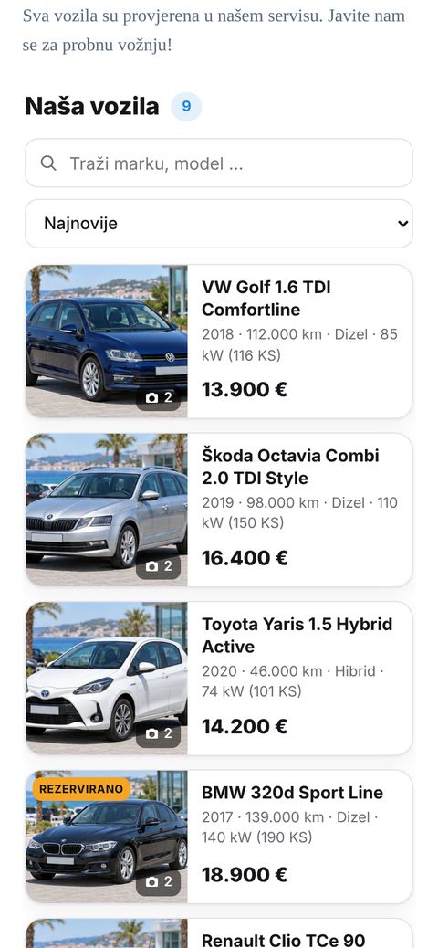 Primjer: vozila na vlastitoj web stranici na mobitelu