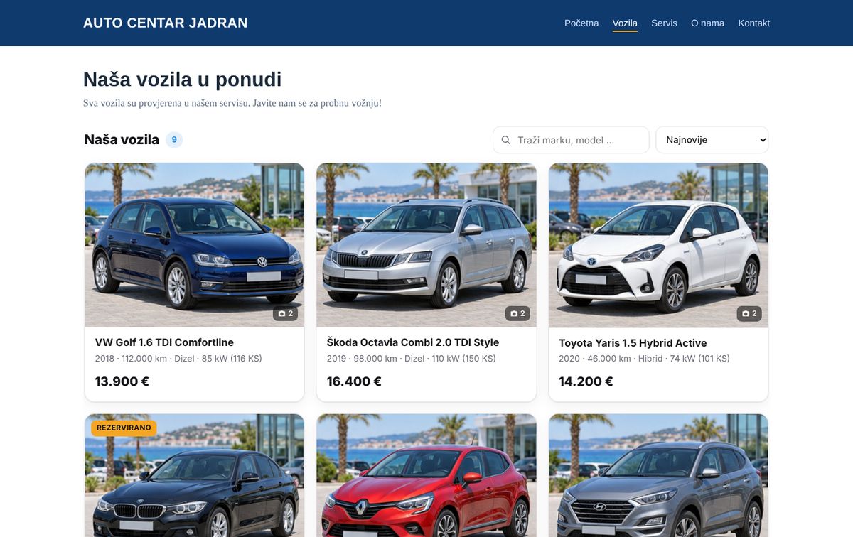 Primjer: vozila na vlastitoj web stranici na računalu