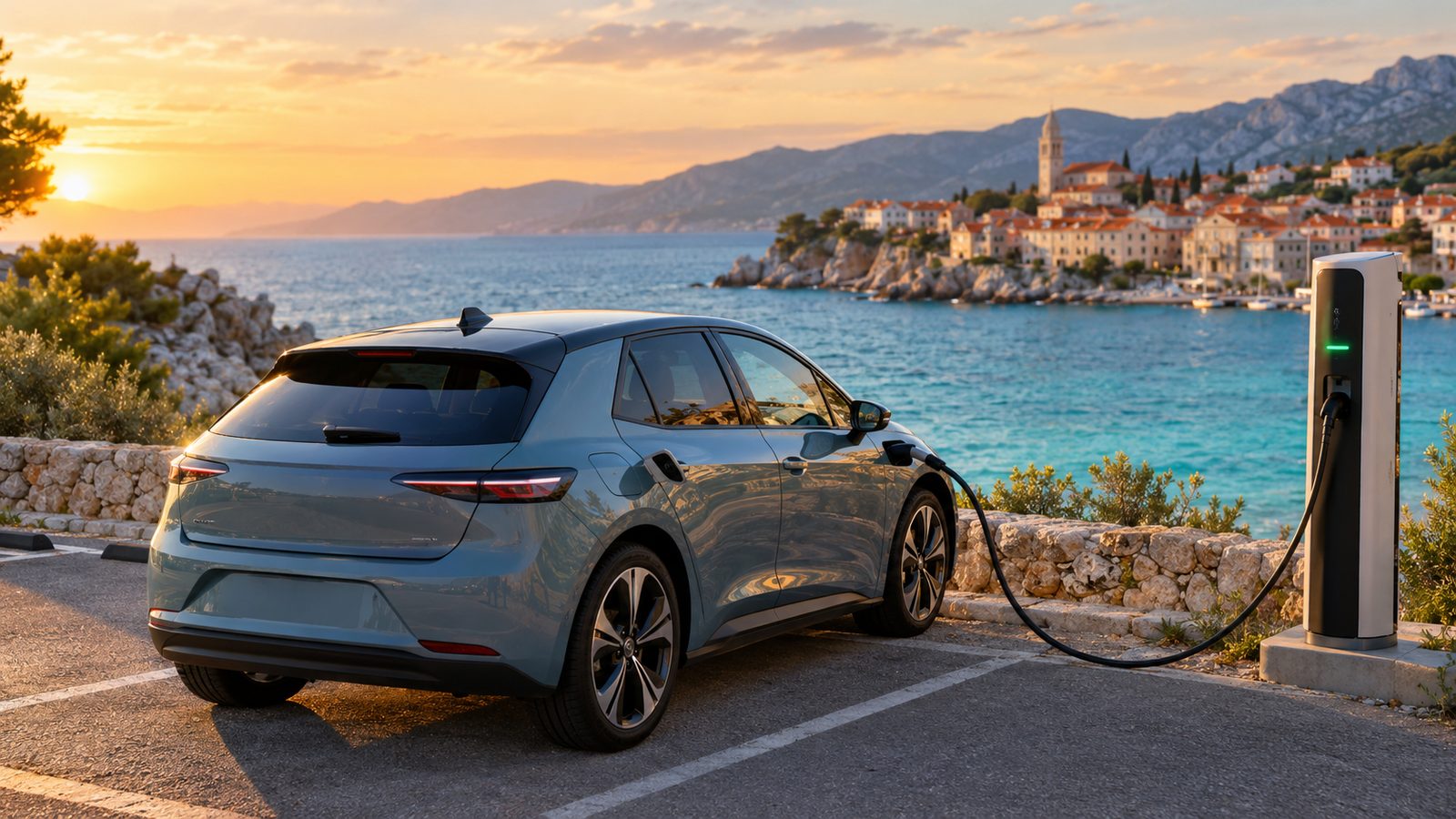 Auto elettrica in ricarica lungo una strada costiera in Croazia
