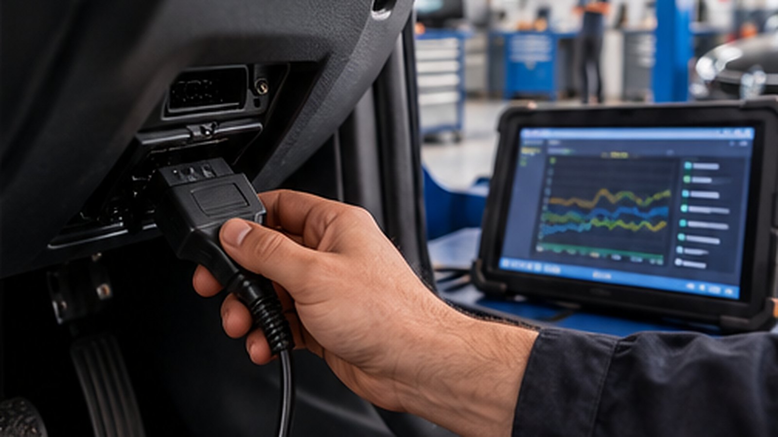 Mechaniker steckt ein OBD-Diagnosegerät unter dem Lenkrad ein
