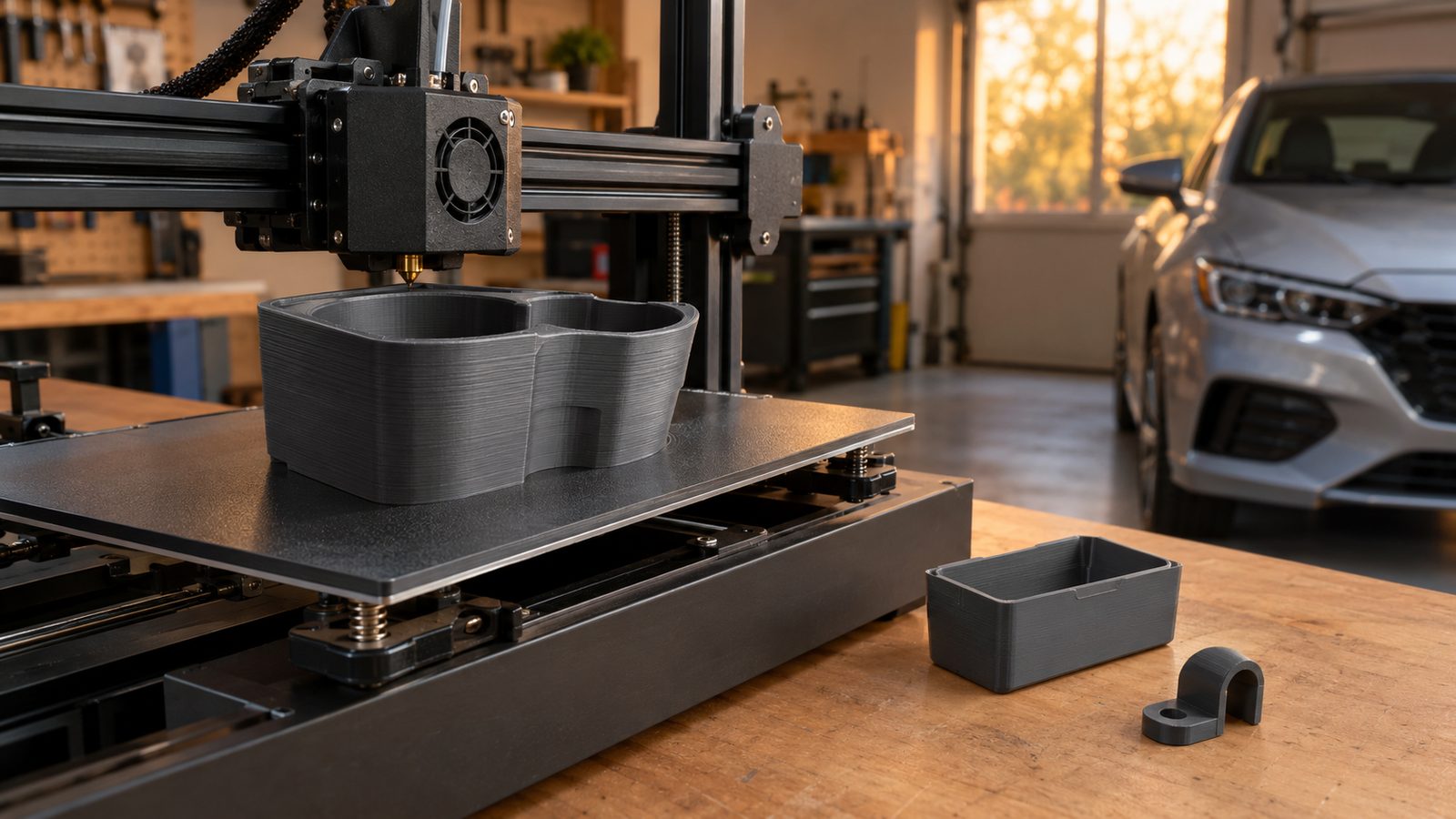 3D printer u garaži ispisuje držač za čaše za automobil