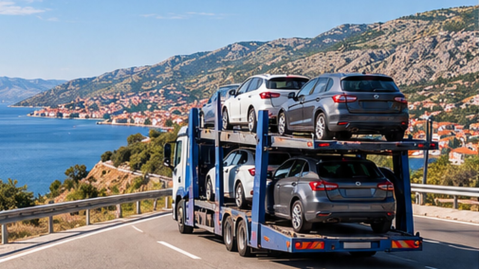 Autotransporter mit Gebrauchtwagen auf einer Küstenstraße in Kroatien